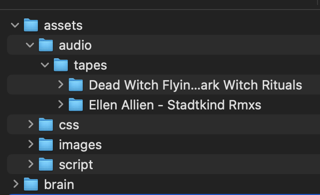 nested folders for assets > aduio > tapes > two subfolders